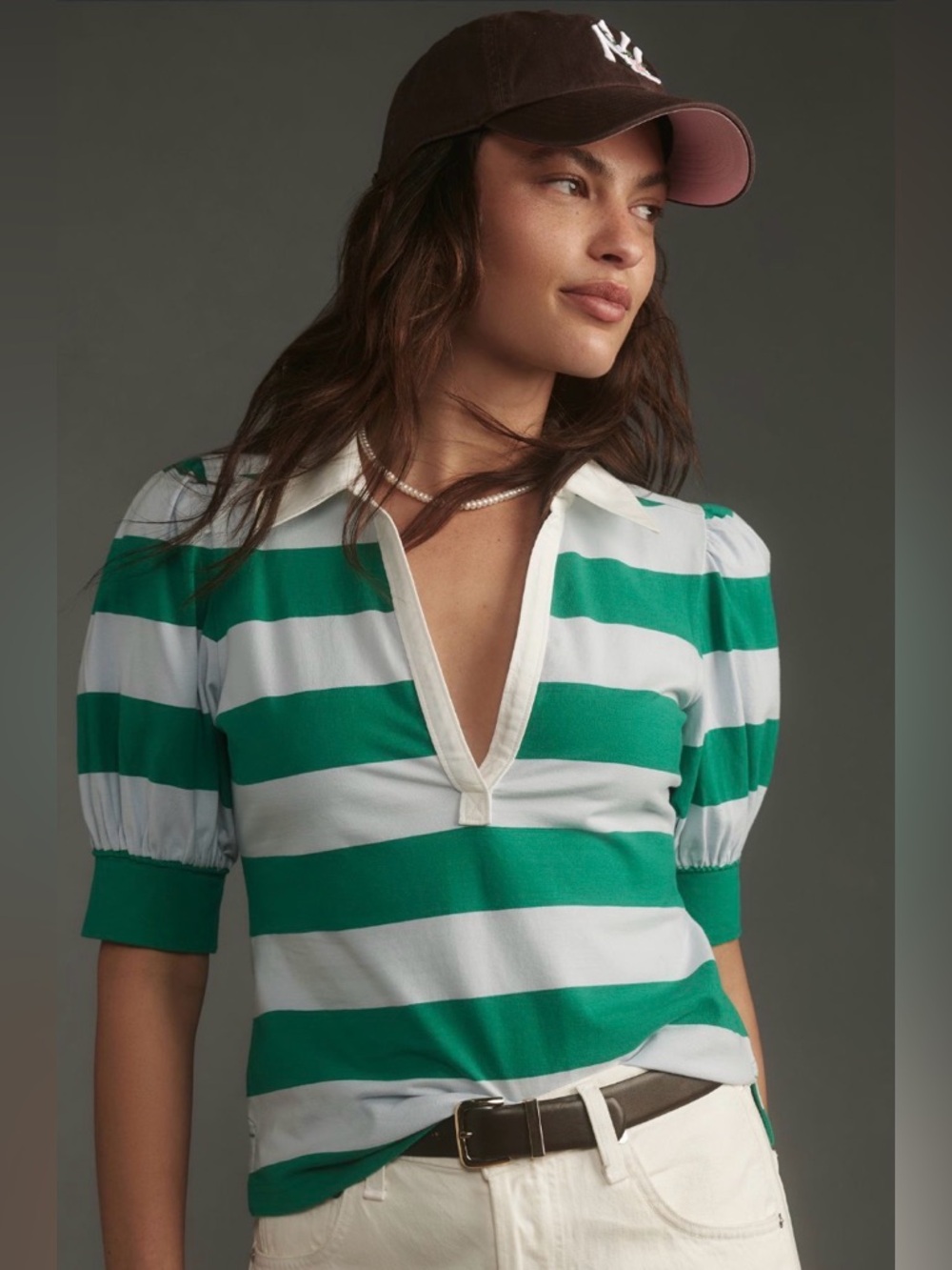 Anthro Maeve Puff Sleeve Green Blue Stripe Rugby Polo Shirt Top NWT - Picture 15 of 15